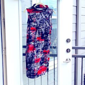 AZIZA Womens Small Multi-Damask Cowl Neck Sleeveless Pockets Sheath Career Dress